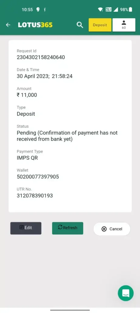 lotus365 app confrimed deposite sample