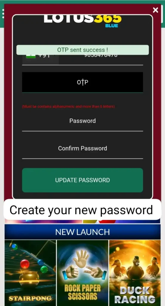 Lotus365 login recreate your forgotten password.